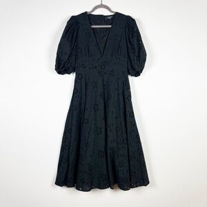 O.P.T Cotton Eyelet Lace V Neck Puff Short Sleeve Pullover Maxi Dress Black S
